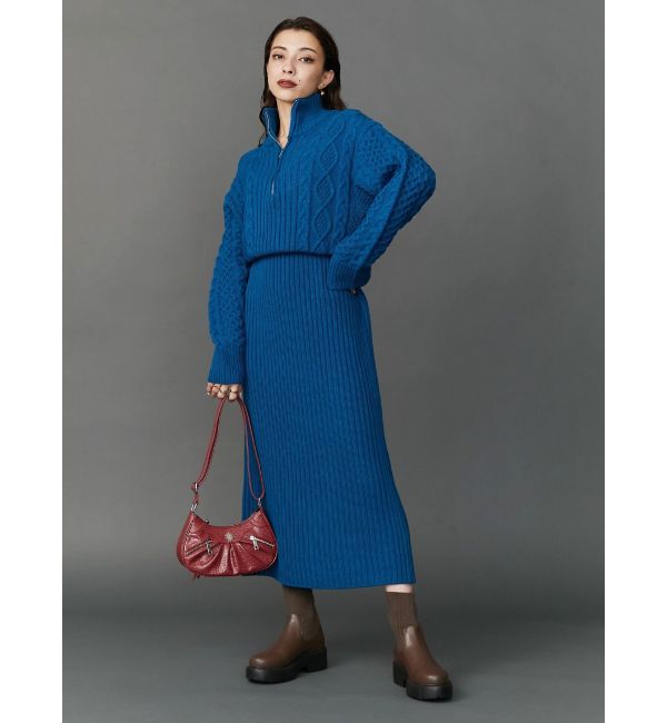 EVRIS「ハーフジップケーブルロングワンピース」|ワンピース|ブルー