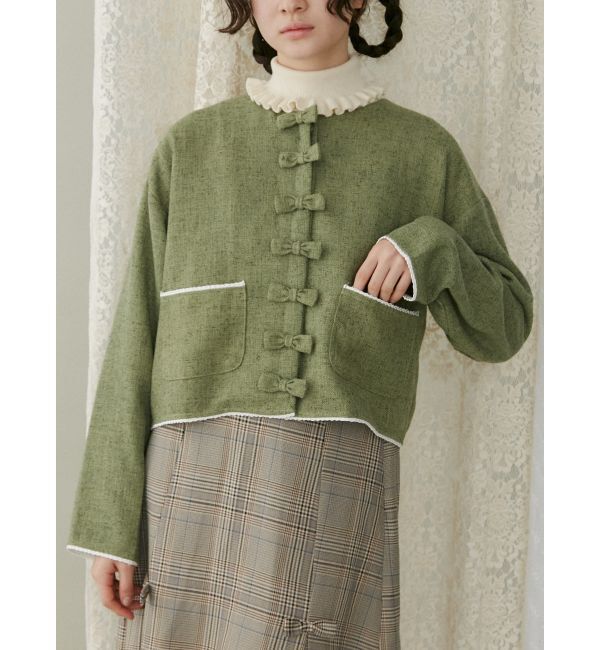 merry jenny「リボンノーカラージャケット【セットアップ着用可能】」|ノーカラージャケット|グリーン