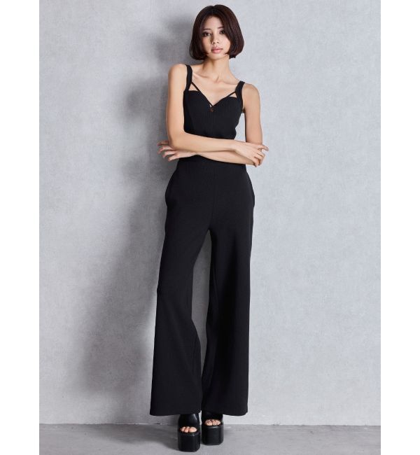 GYDA「クロスバインダーリブロンパース」|オールインワン|ブラック