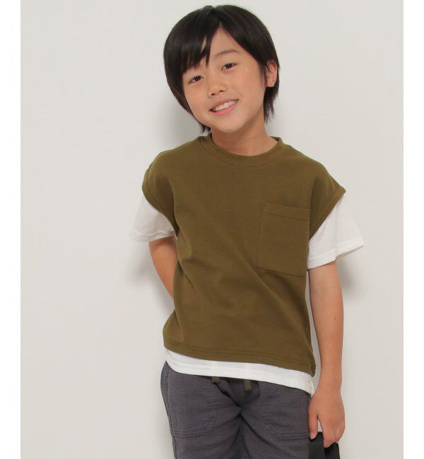 ikka kids「ポケ付き鹿の子ベストレイヤードTシャツ（120~160cm）」|Tシャツ・カットソー|オリーブ