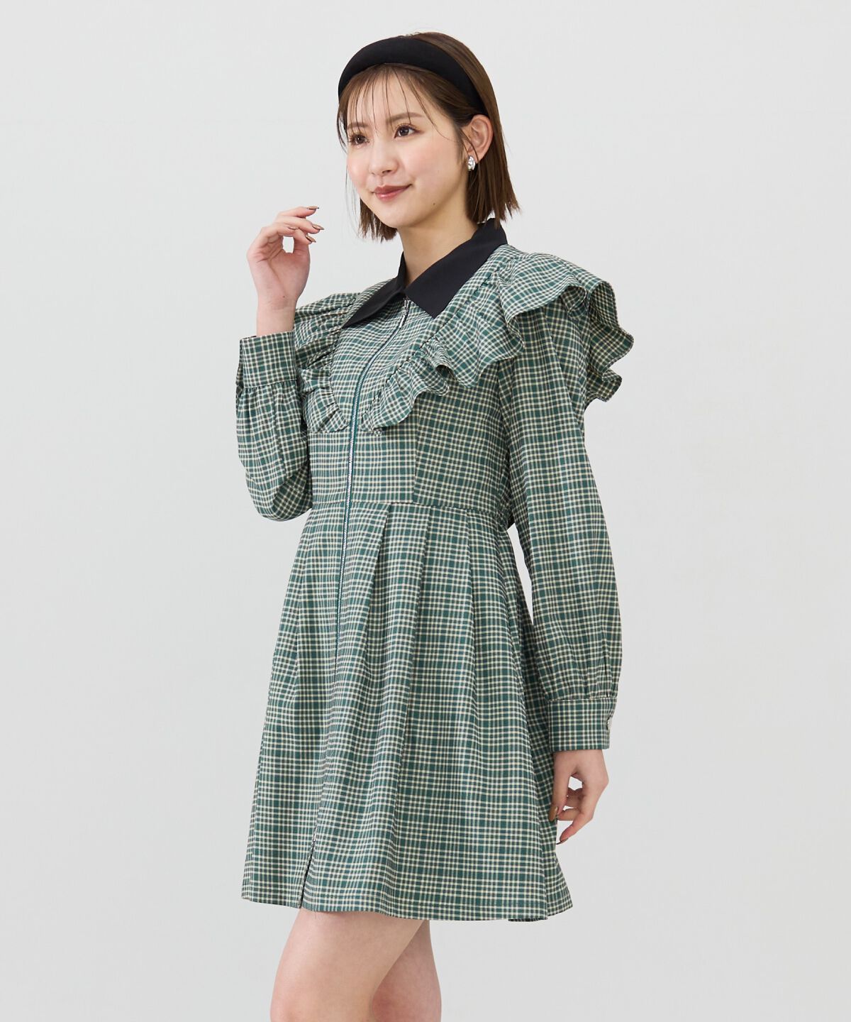 REDYAZEL「チェックフロントジップフリルミニシャツワンピース」|ワンピース|