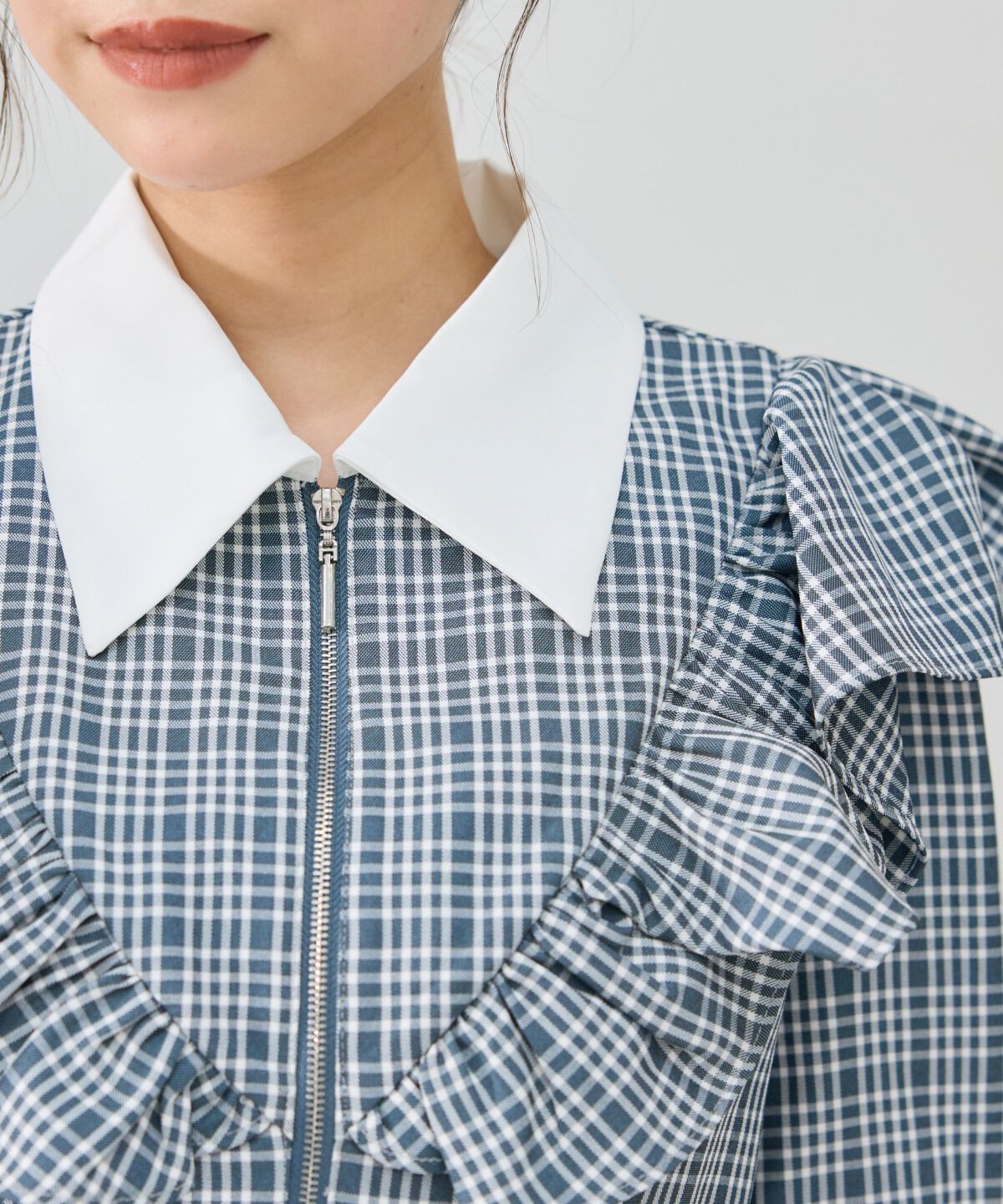 REDYAZEL「チェックフロントジップフリルミニシャツワンピース」|ワンピース|