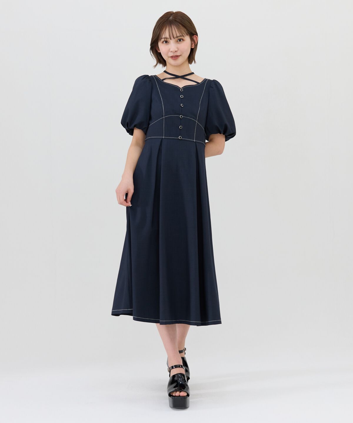 REDYAZEL「バルーンスリーブワンピース」|ワンピース|ネイビー