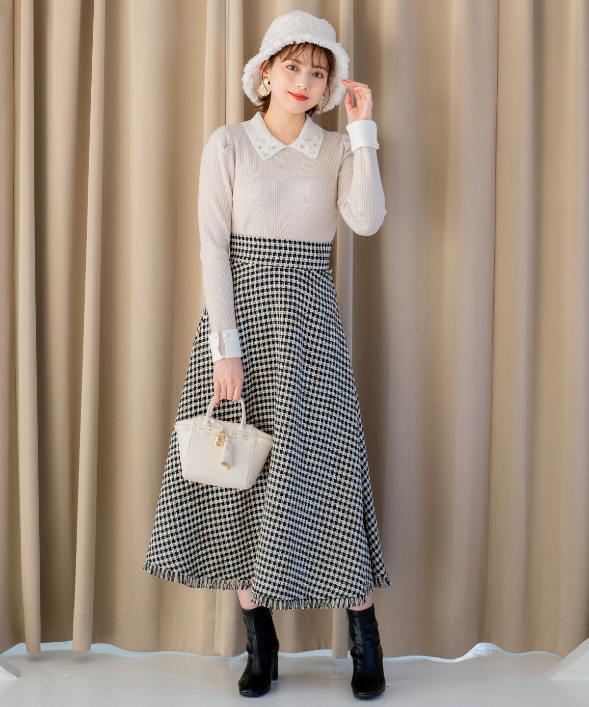 WILLSELECTION「フリンジチェックスカート」|フレア|黒系チェック