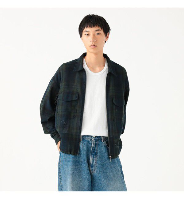 BEAMS「ワイドショートフィット メッシュ ジップアップ シャツ」|シャツ・ブラウス|NAVY