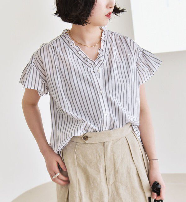 quaranciel「quaranciel:〈手洗い可能〉コットン フリルネック フレアスリーブ ブラウス」|シャツ・ブラウス|