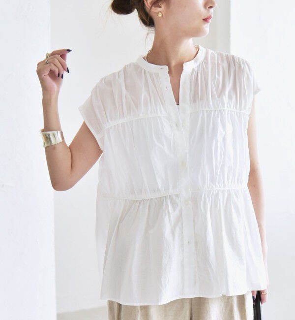 quaranciel「quaranciel:〈手洗い可能〉コットンボイル シアー ギャザー バンドカラー シャツ ブラウス」|シャツ・ブラウス|