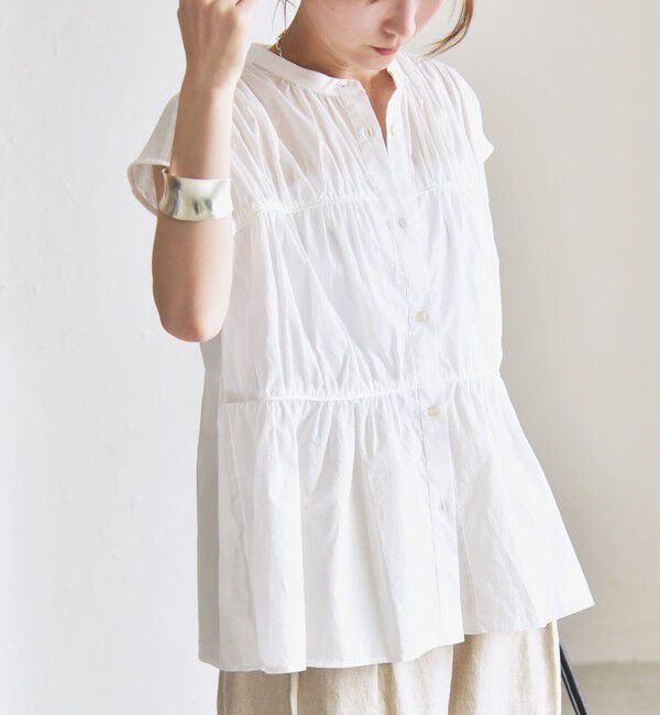 quaranciel「quaranciel:〈手洗い可能〉コットンボイル シアー ギャザー バンドカラー シャツ ブラウス」|シャツ・ブラウス|