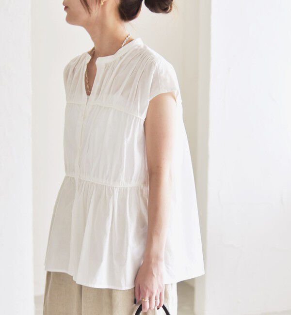 quaranciel「quaranciel:〈手洗い可能〉コットンボイル シアー ギャザー バンドカラー シャツ ブラウス」|シャツ・ブラウス|
