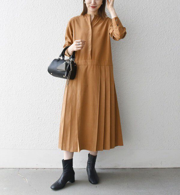 SHIPS any「《追加予約》SHIPS any:〈洗濯機可能〉ピーチスキン サイド プリーツ バンドカラー シャツ ワンピース」|ワンピース|