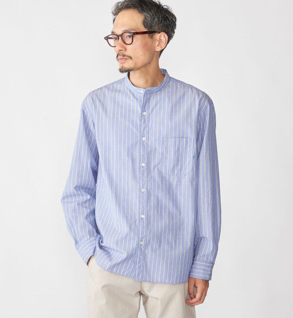 SHIPS「SHIPS: 100S バンドカラー ストライプ シャツ」|シャツ・ブラウス|ブルー系