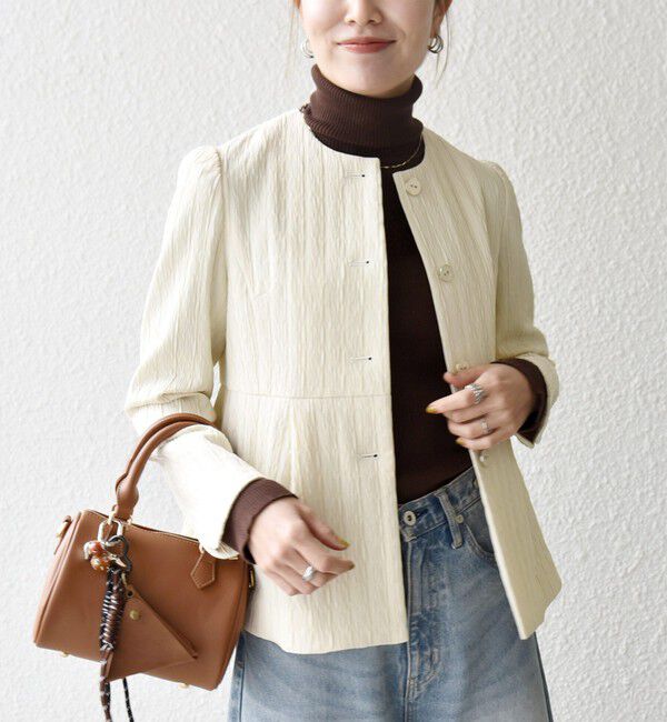 SHIPS any「SHIPS any:〈手洗い可能〉ジャカード ノーカラー ペプラム ジャケット［NAVY BLUE］」|ノーカラージャケット|