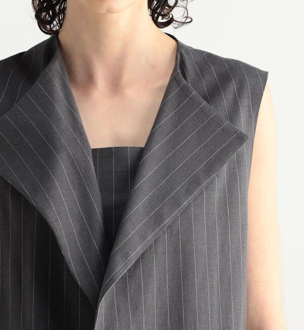 BACCA「リネンコットンストライプ ノーカラーベスト」|ノーカラージャケット|