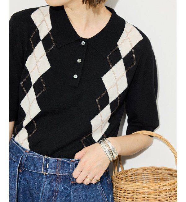 SLOBE IENA「アーガイルハーフスリーブニット」|ニット・セーター|ブラック