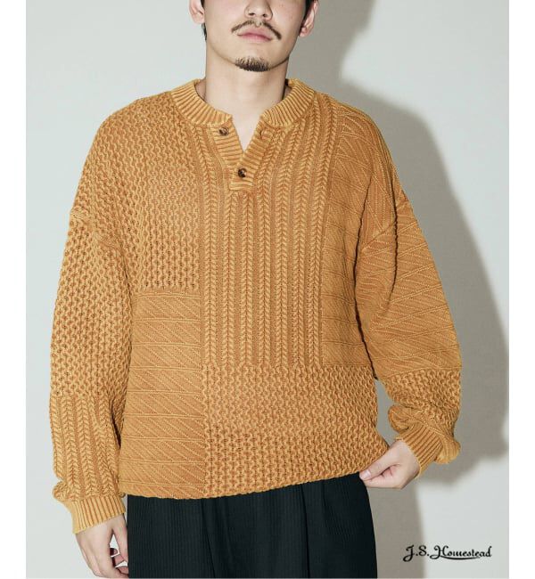 J.S.Homestead「J.S.Homestead / ストーン ウォッシュ ケーブル ヘンリーネック ニット」|ニット・セーター|オレンジ