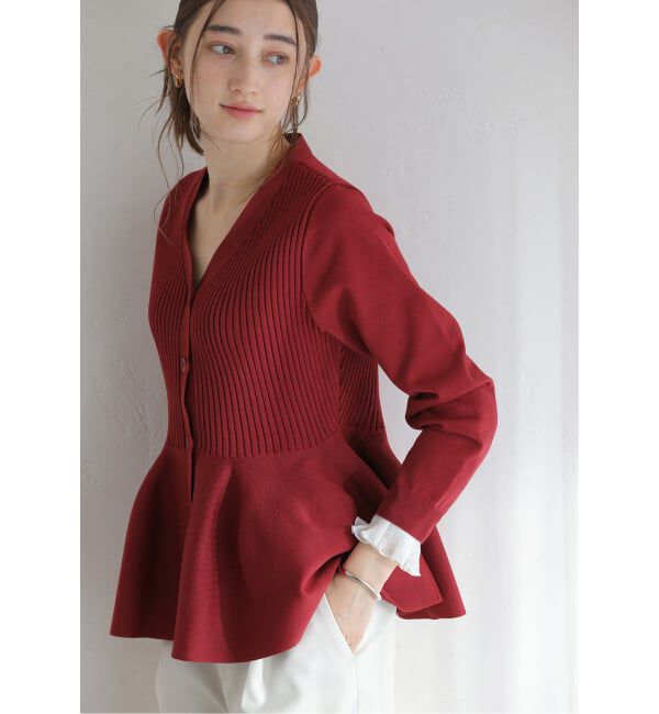  「【洗える】ペプラムニット」|カーディガン|レッド