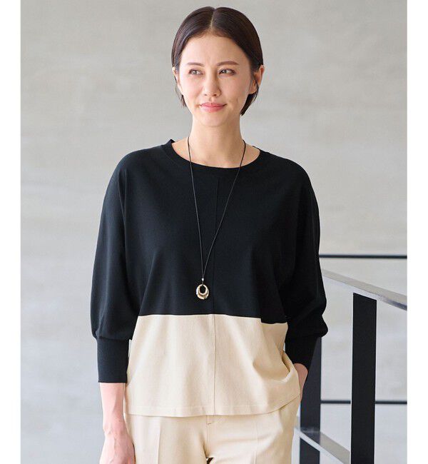 自由区「【洗える】クレープストレッチドルマンスリーブ7分袖 ニット」|ニット・セーター|ネイビー系1