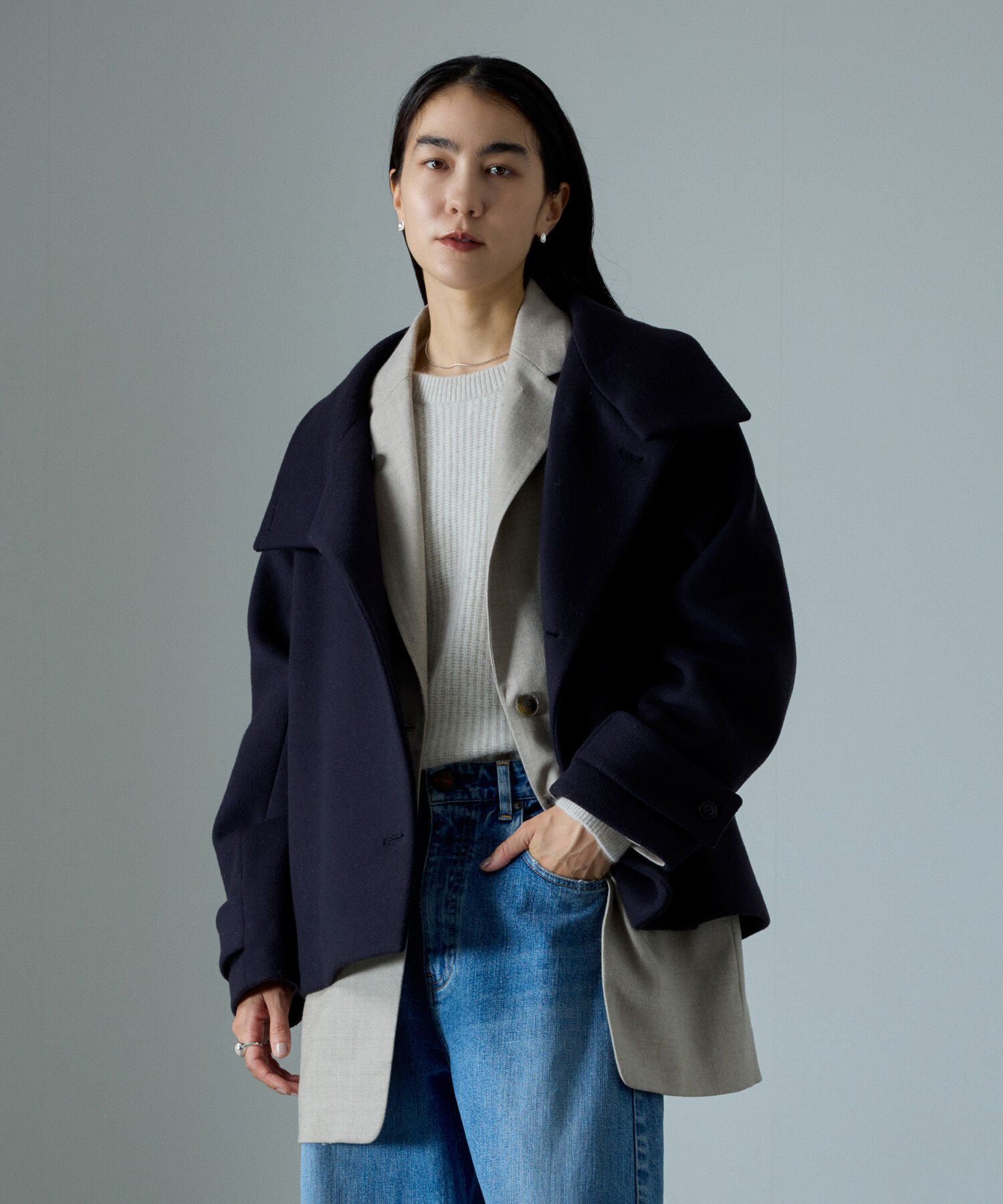 SALON adam et rope'「【WEB限定】Miliorメルトンスタンドカラーショートコート」|その他|ネイビー(40)