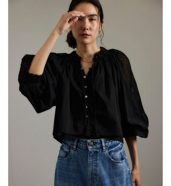 SALON adam et rope'「【WEB限定】レースアクセントボリュームスリーブブラウス」|シャツ・ブラウス|ブラック(01)
