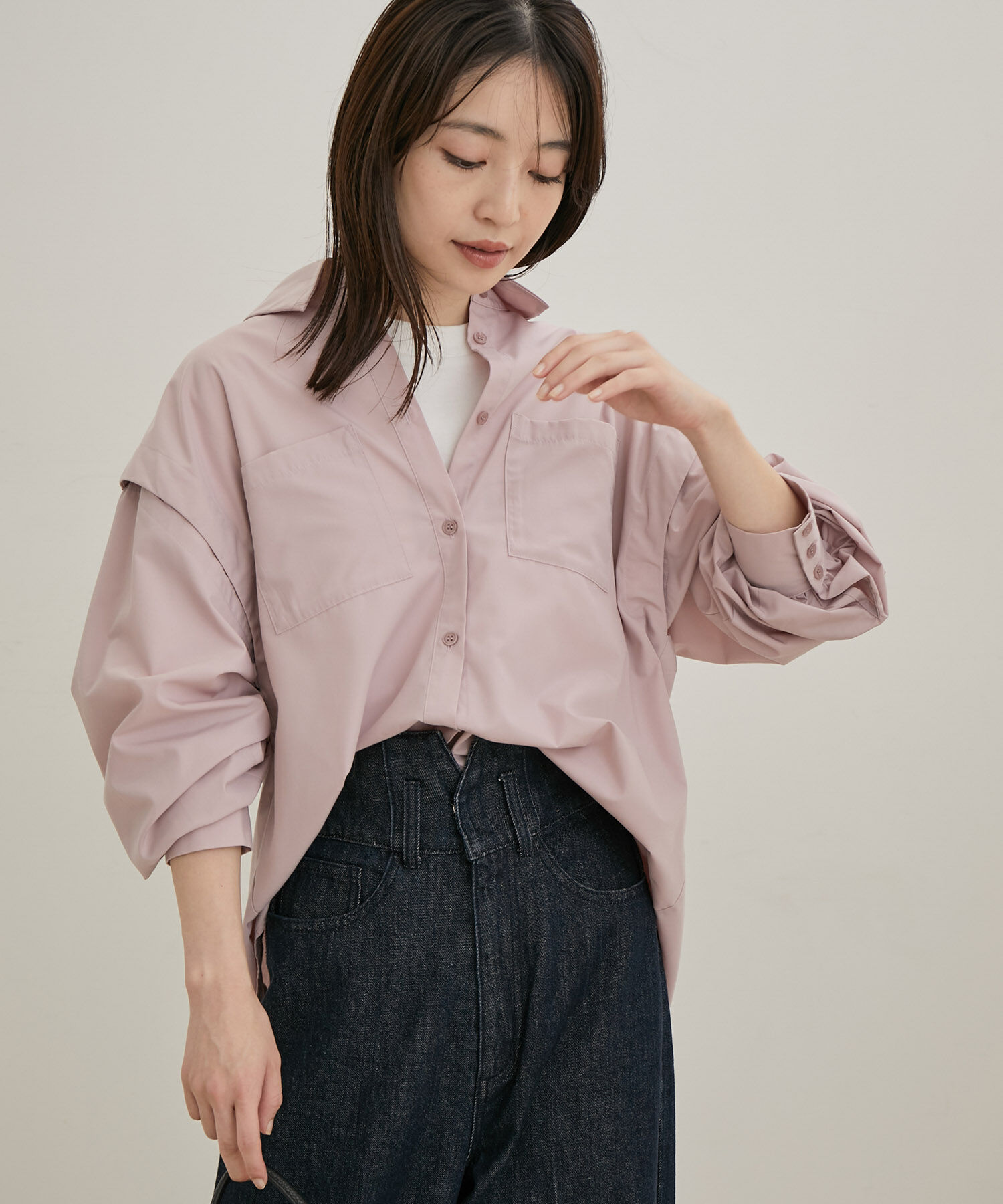 VIS「【洗える】無地＆ストライプ袖取り外しダブルポケットシャツ」|シャツ・ブラウス|