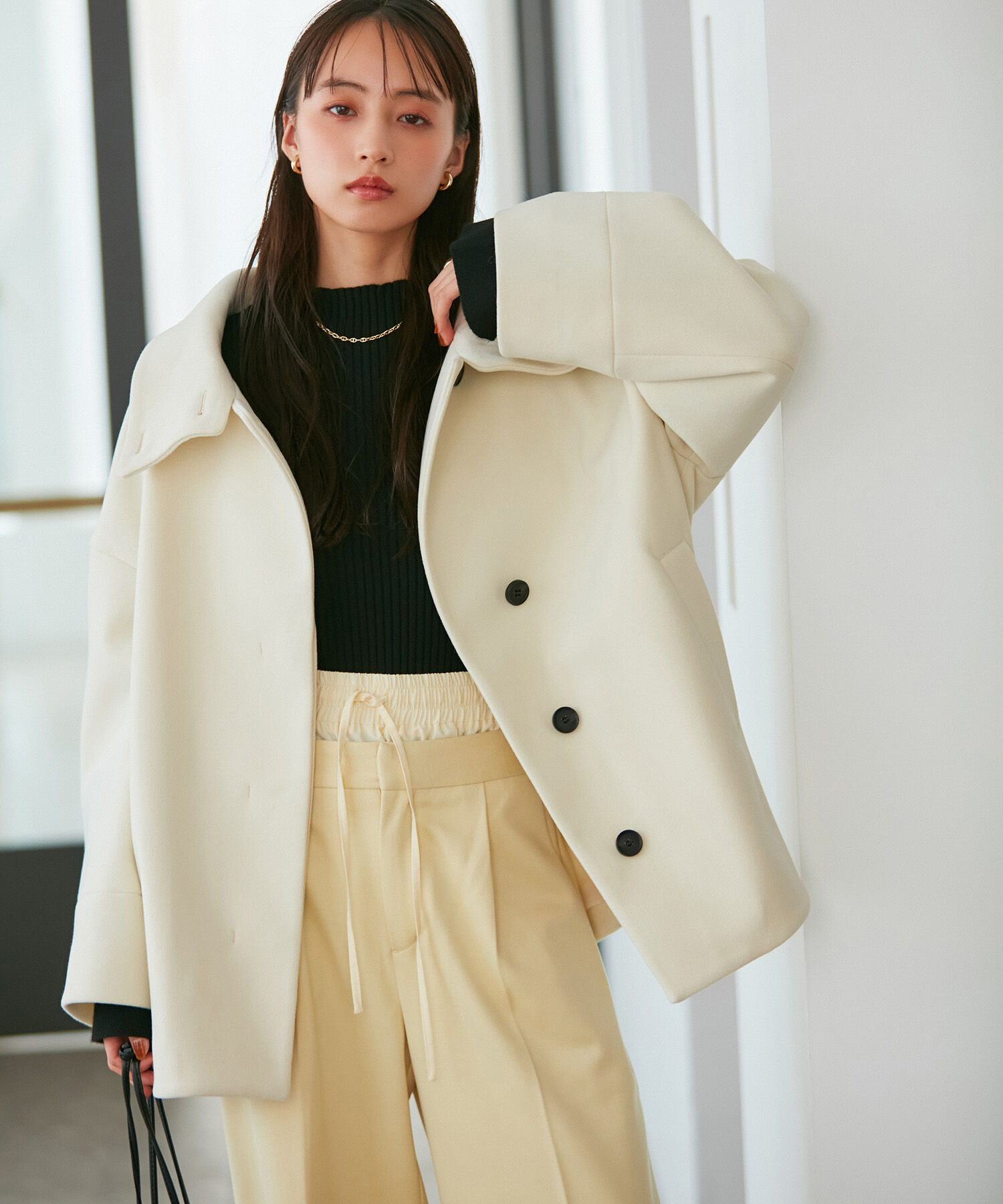 VIS「【静電気防止】ステン&スタンドカラージャージメルトンミドル丈コート」|ステンカラーコート|