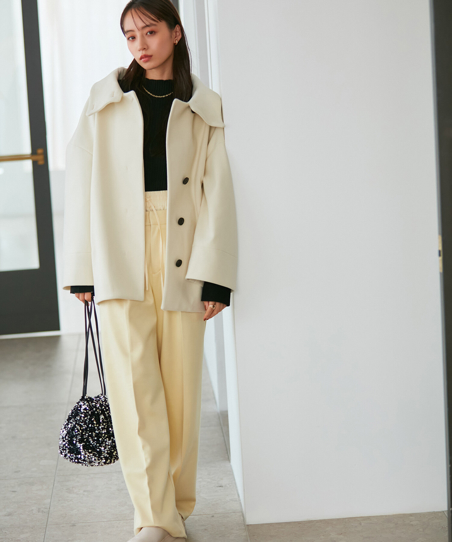 VIS「【静電気防止】ステン&スタンドカラージャージメルトンミドル丈コート」|ステンカラーコート|