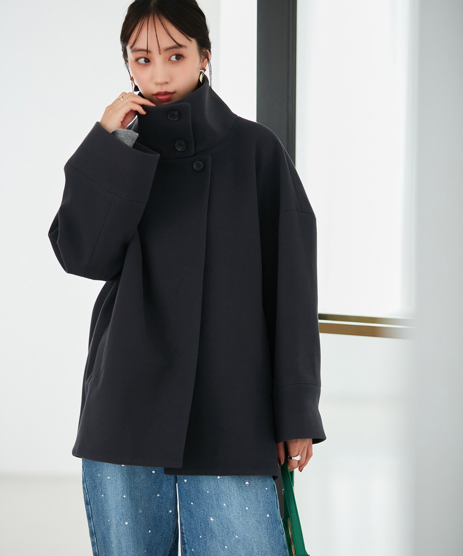 VIS「【静電気防止】ステン&スタンドカラージャージメルトンミドル丈コート」|ステンカラーコート|