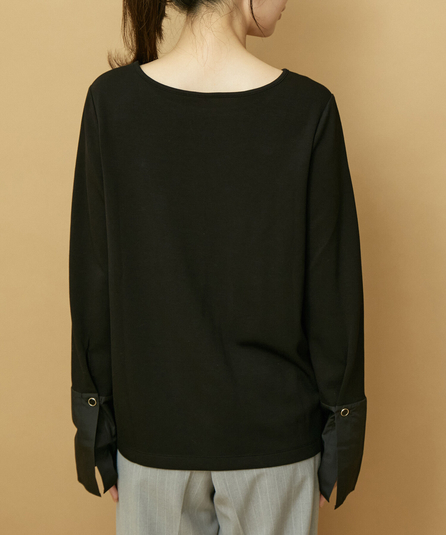 VIS「【スフレタッチシリーズ】袖布帛ドッキングリブカットソー【洗える】」|Tシャツ・カットソー|