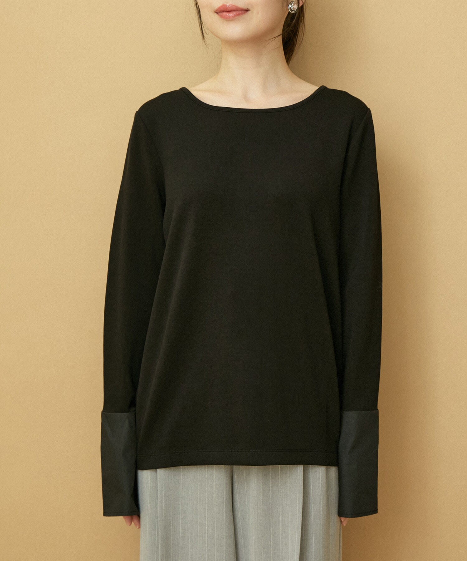 VIS「【スフレタッチシリーズ】袖布帛ドッキングリブカットソー【洗える】」|Tシャツ・カットソー|