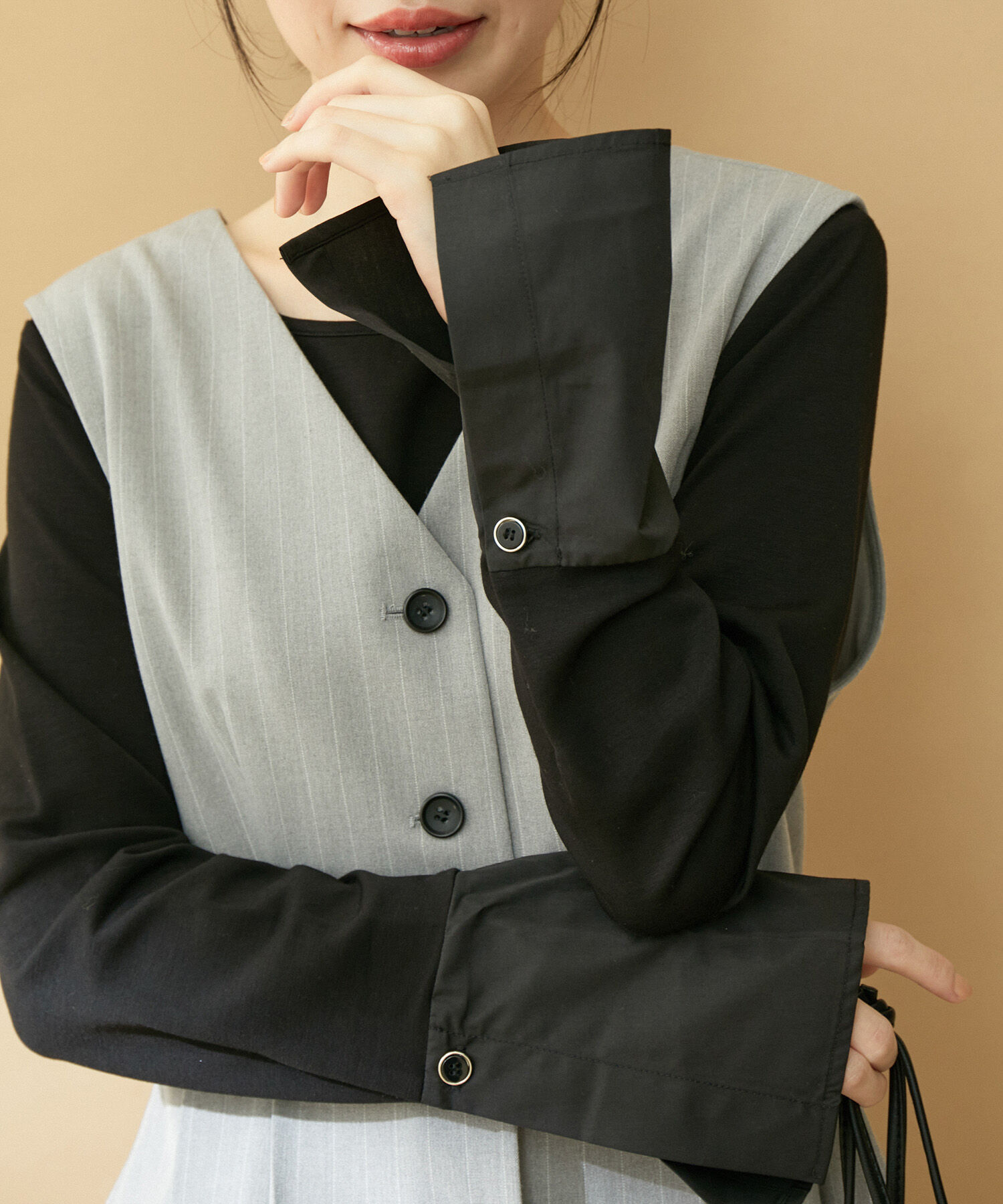 VIS「【スフレタッチシリーズ】袖布帛ドッキングリブカットソー【洗える】」|Tシャツ・カットソー|