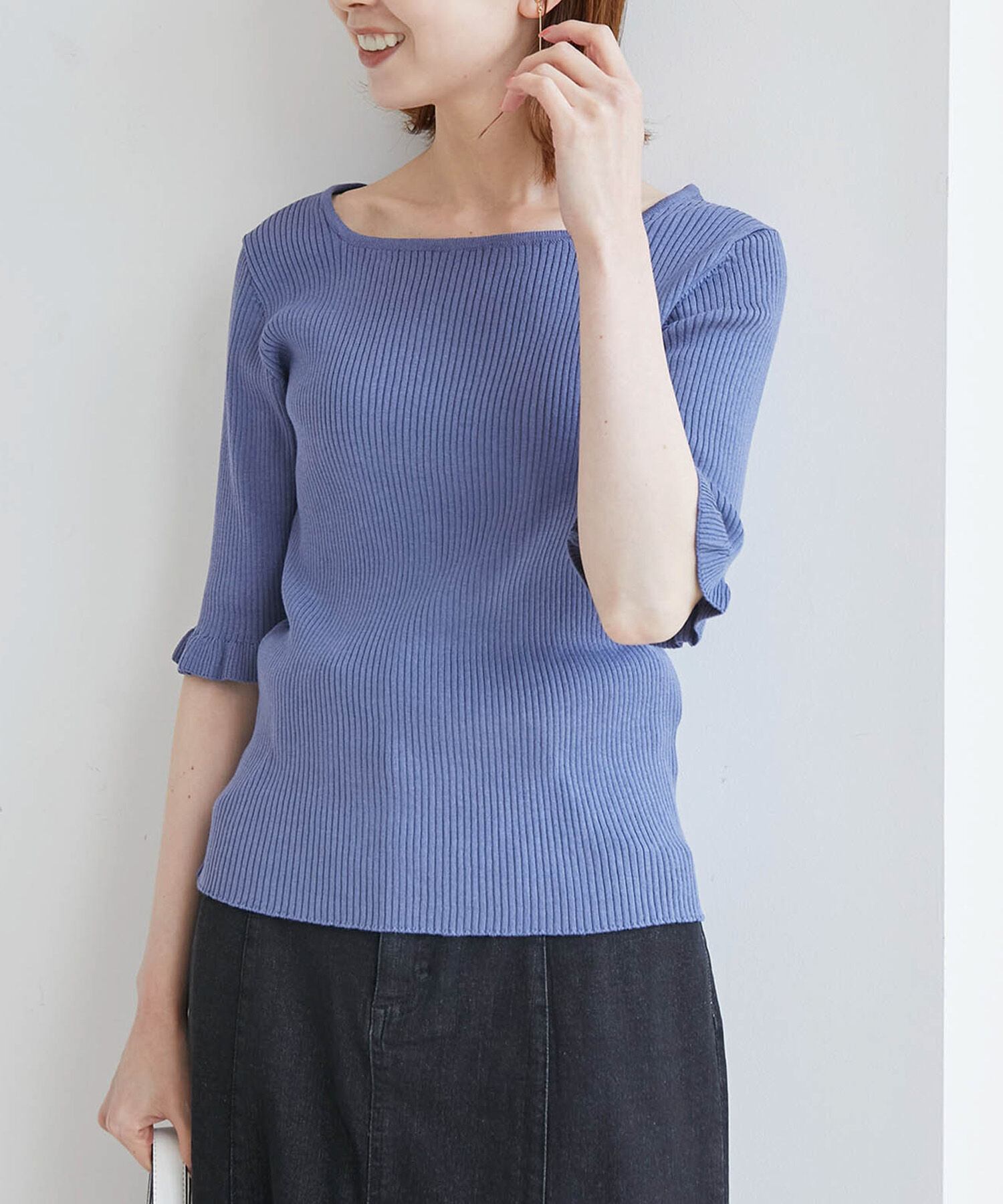 Rope&rsquo;Picnic「TRUE COTTON/袖フリルニットプルオーバー」|ニット・セーター|ブルー(44)