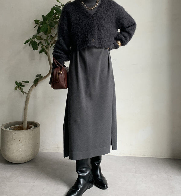  「【WEB限定】起毛加工ショートカーディガン＋タートルワンピースセット」|スーツ|チャコールグレー