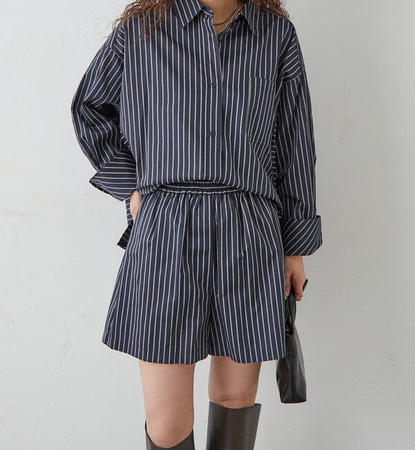  「[mline]ストライプショートパンツ」|チノ|ネイビー