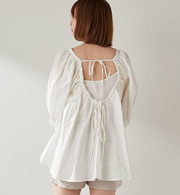  「綿麻バックギャザーリボンブラウス」|シャツ・ブラウス|アイボリー