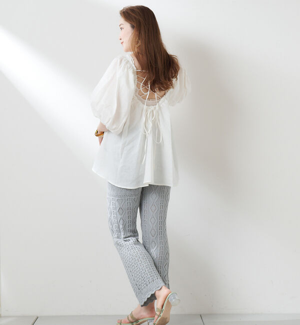  「綿麻バックギャザーリボンブラウス」|シャツ・ブラウス|