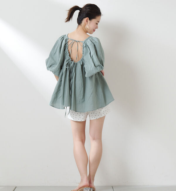  「綿麻バックギャザーリボンブラウス」|シャツ・ブラウス|