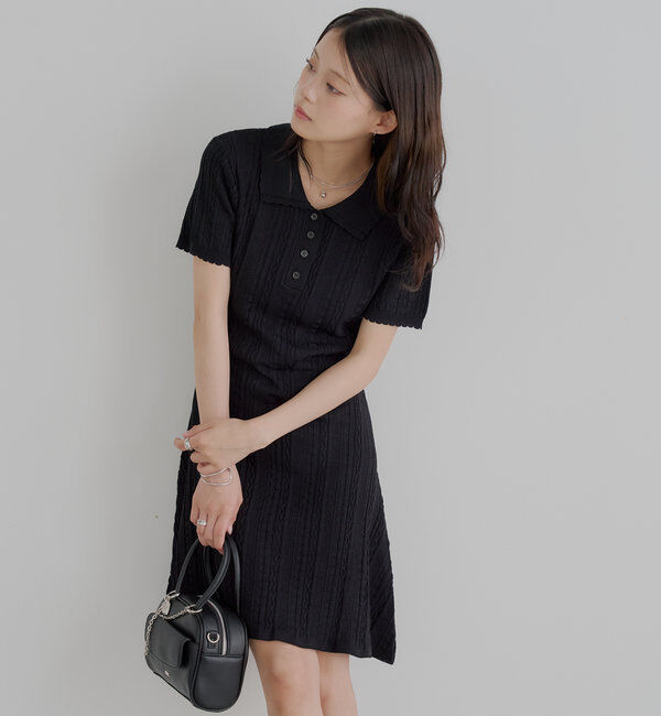  「柄編みポロニットミニワンピース」|ワンピース|