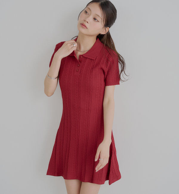  「柄編みポロニットミニワンピース」|ワンピース|