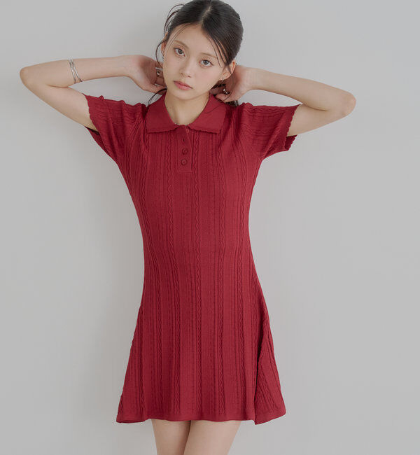  「柄編みポロニットミニワンピース」|ワンピース|