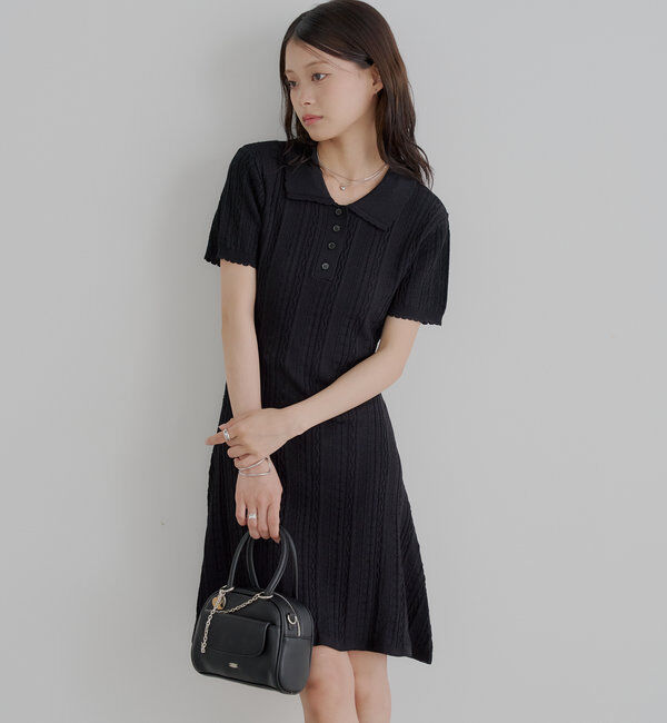  「柄編みポロニットミニワンピース」|ワンピース|