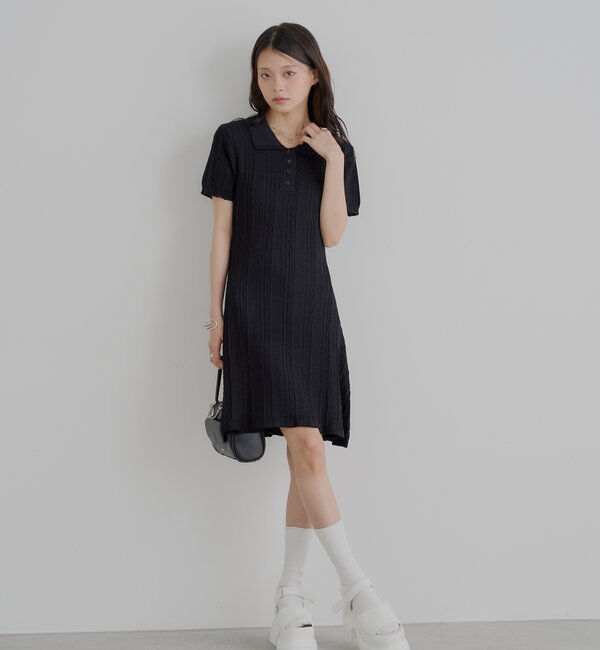  「柄編みポロニットミニワンピース」|ワンピース|
