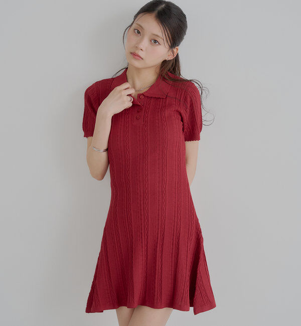  「柄編みポロニットミニワンピース」|ワンピース|レッド