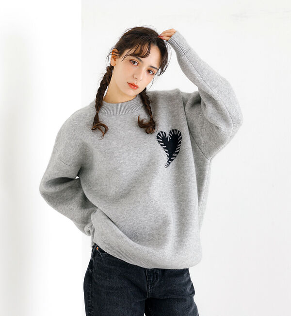 ABAHOUSE「【Revo.レボ】ワンポイントハートステッチルーズニット/ユニセックス/TH-3」|ニット・セーター|グレー