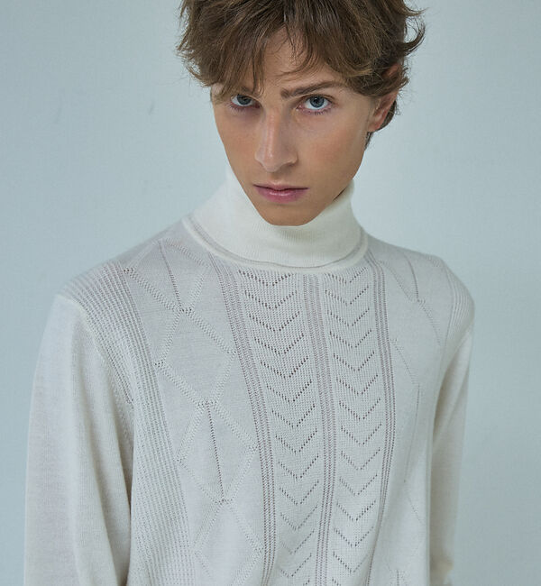 ABAHOUSE「Pure Merino ハイゲージ タートルネックニット / ケーブルニット」|ニット・セーター|オフホワイト