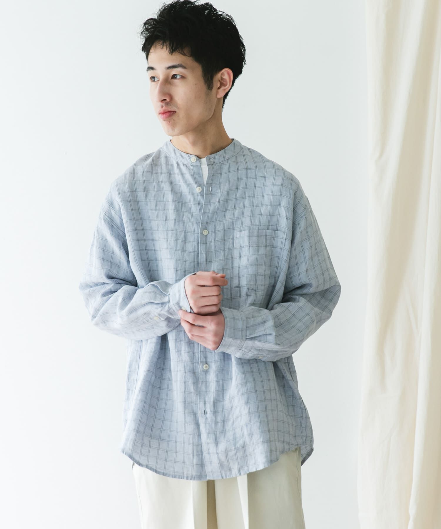 URBAN RESEARCH DOORS「『XLサイズ/WEB限定』シルケットリネンバンドカラーロングスリーブシャツ」|シャツ・ブラウス|