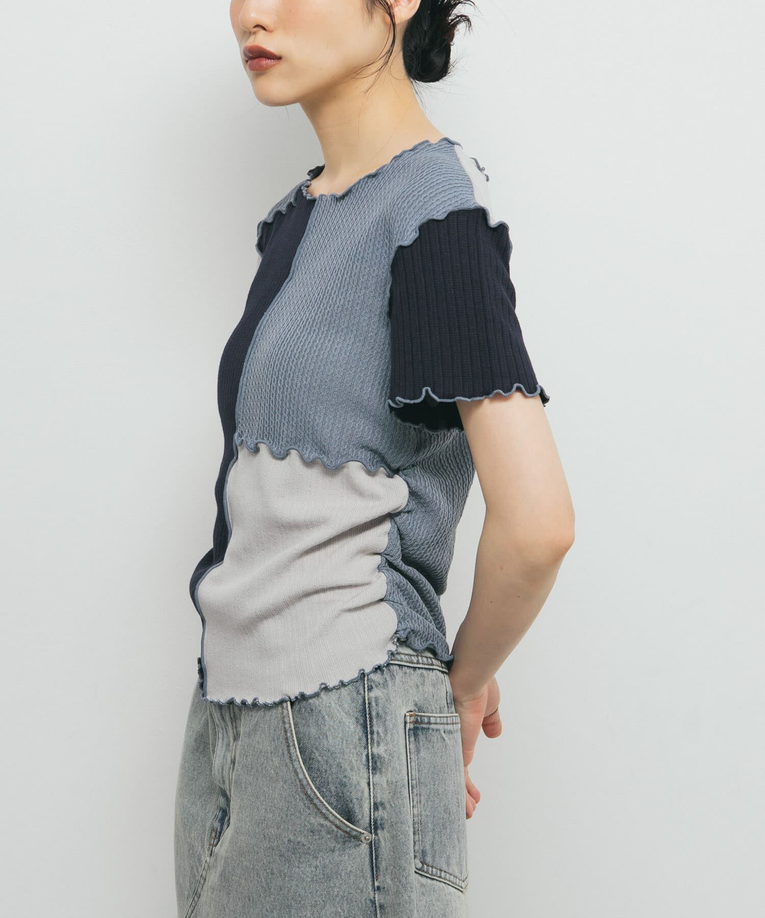  「MIXカラーパッチワークカットソー」|Tシャツ・カットソー|ブルー系その他