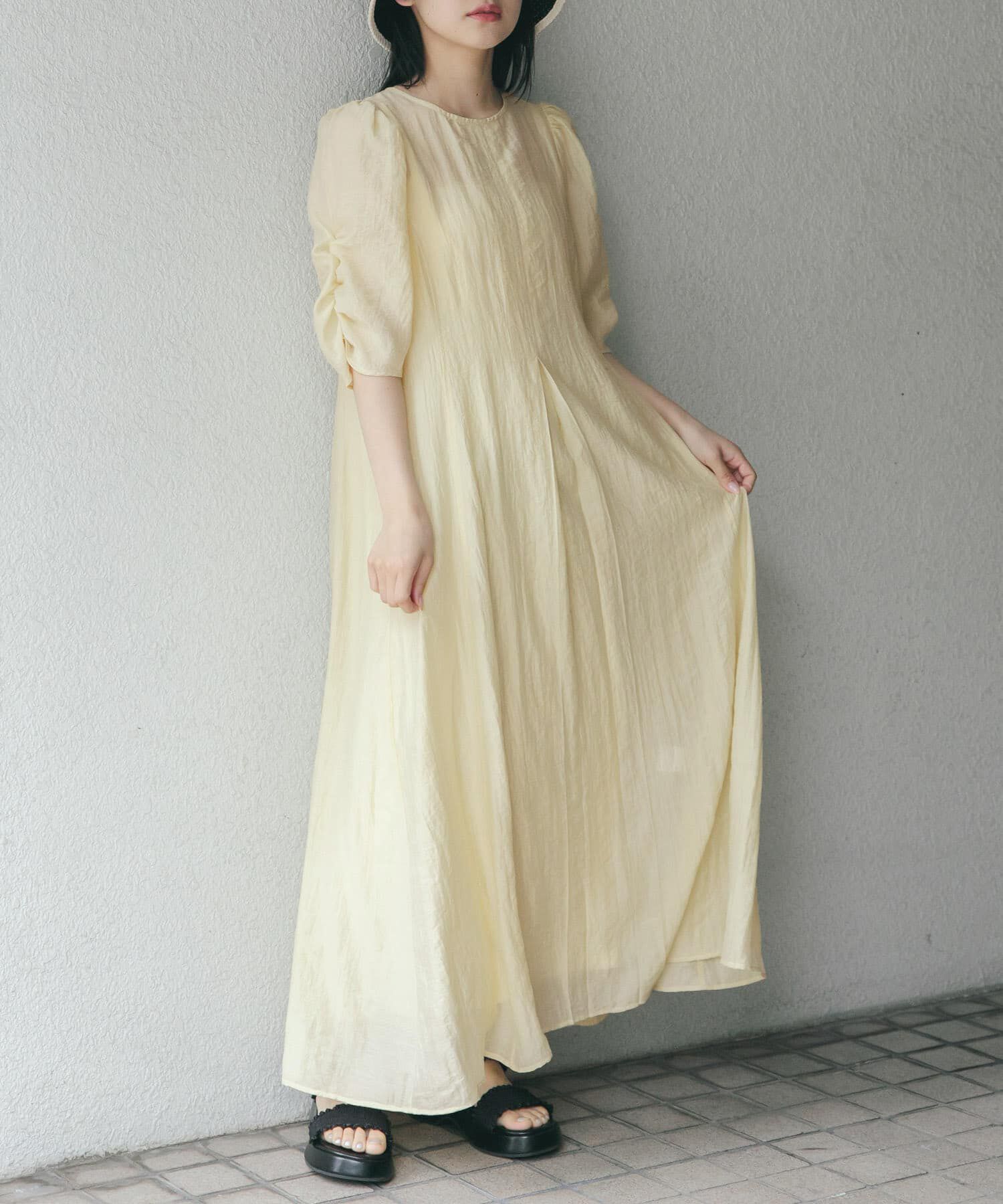  「ギャザースリーブフレアワンピース」|ワンピース|イエロー系その他