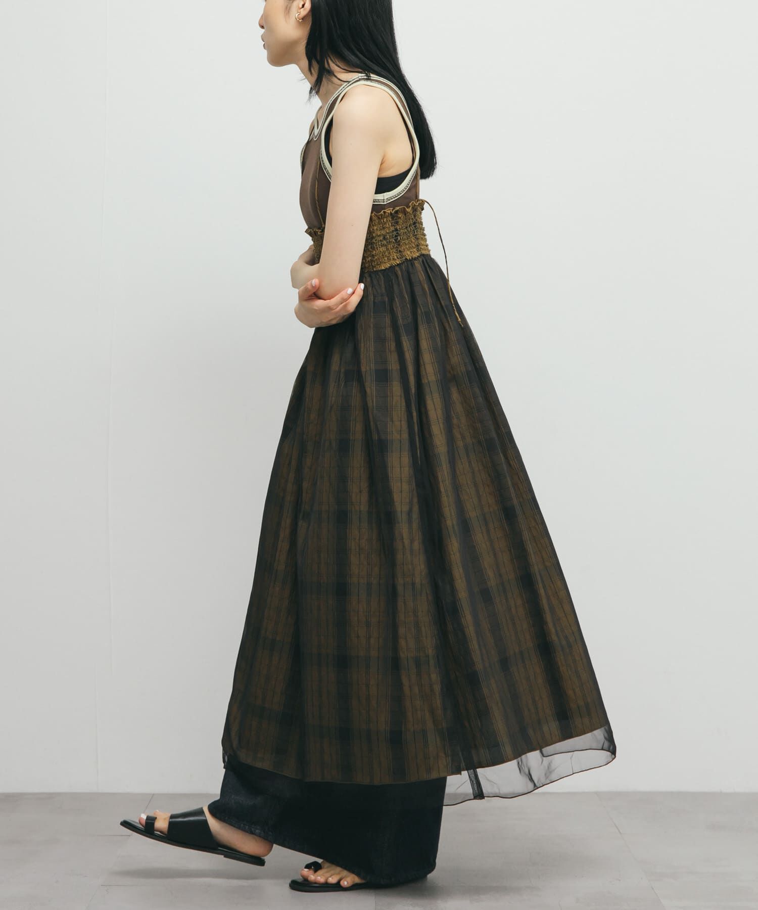  「チュールレイヤードチェックスカート」|スカート|カーキ
