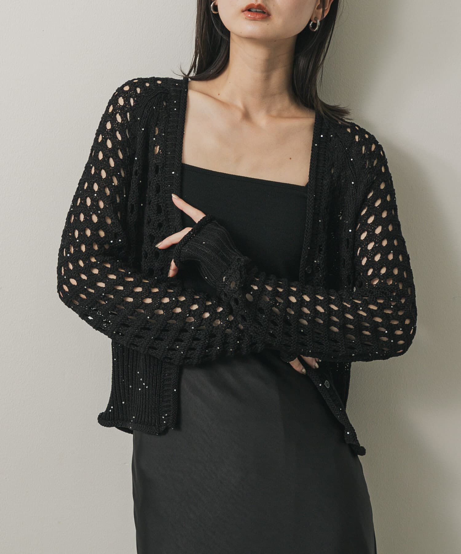 SENSE OF PLACE by URBAN RESEARCH「スパンコールメッシュカーディガン」|カーディガン|ブラック