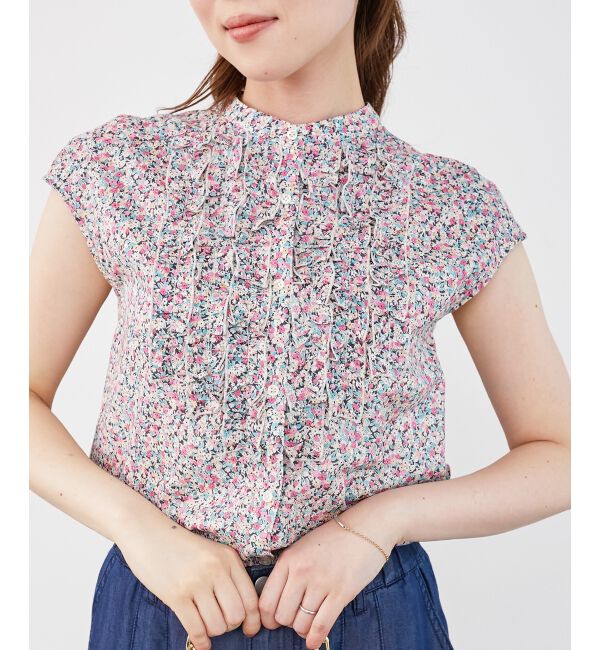  「リバティアソートフロントフリルフレンチブラウス」|シャツ・ブラウス|ピンク柄